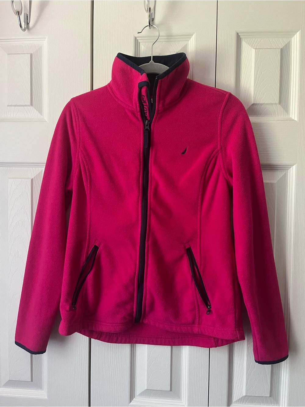 Nautica Full-Zip Fleece Jacket Mock Neck Hot Pink Navy Trim Logo